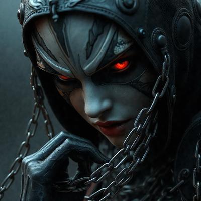 The primary subject of the image is a woman with a demonic appearance, wearing a hooded robe and a chain around her neck. She has red eyes and is staring directly at the camera. The setting appears to be a dark, possibly demonic or supernatural, environment. The visual style is a combination of digital art and illustration, creating a dramatic and intense atmosphere. The colors in the image are predominantly dark, with the red eyes of the woman being the most noticeable feature.